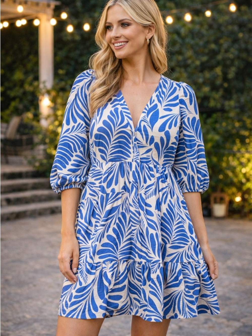 Blue and White Leaf-Print V-Neck Tiered Mini Dress by